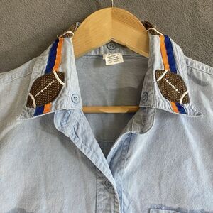 Vtg Women Chambray Shirt Large Orange Blue Removable Football Appliqué Collar UF